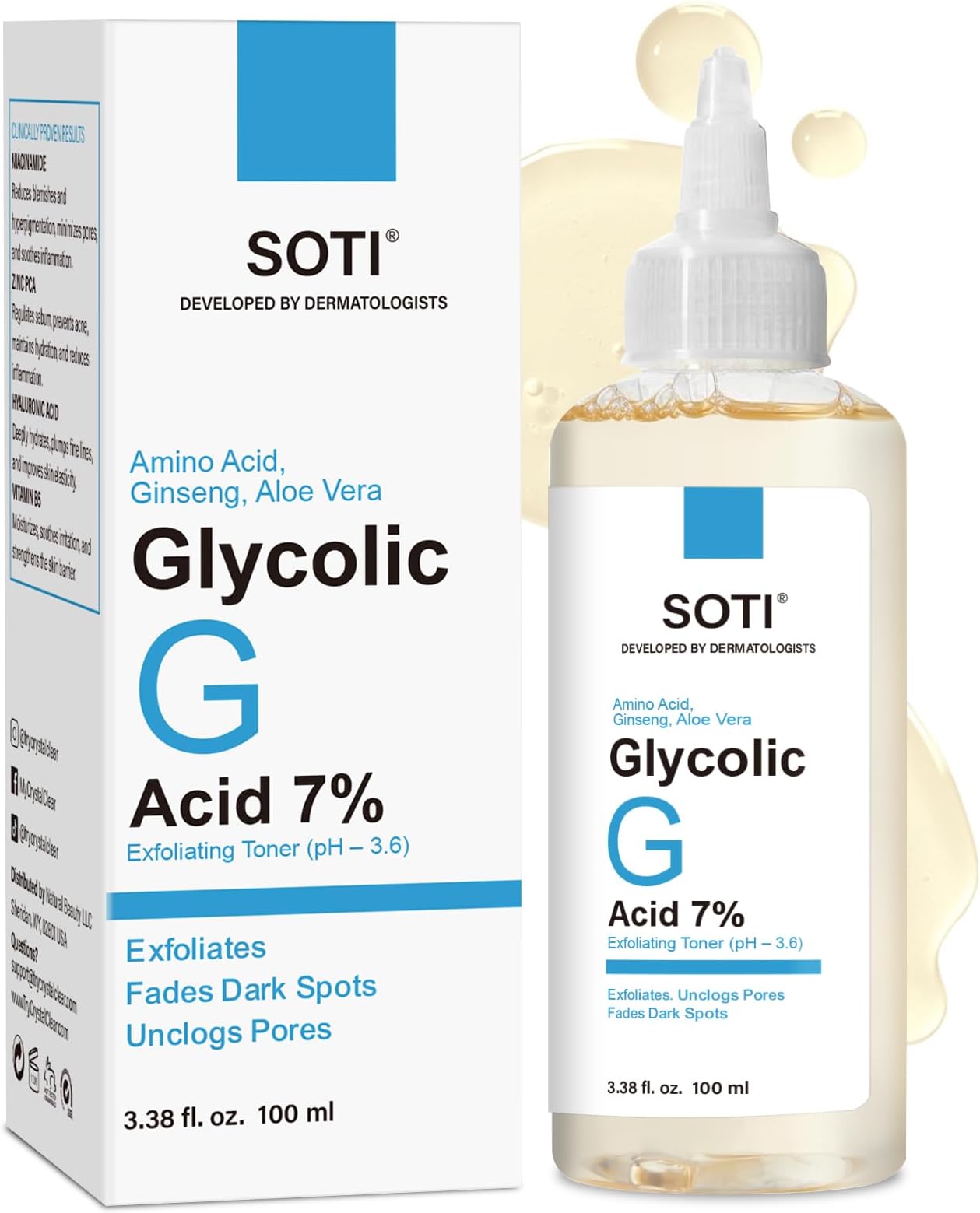 Glycolic Acid Toner 7% AHA, Exfoliating Facial Toner with Aloe Vera, Ginseng & Amino Acids, Brightens Skin, Minimizes Pores, Anti-Aging, Vegan, 100ml, Soti