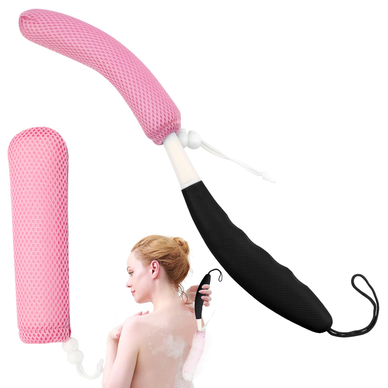 Szczotka do kąpieli z gąbką, 39 cm, siatka do kąpieli z zakrzywionym długim uchwytem, szczotka do kąpieli dla osób starszych, kąpieli i pod prysznicem