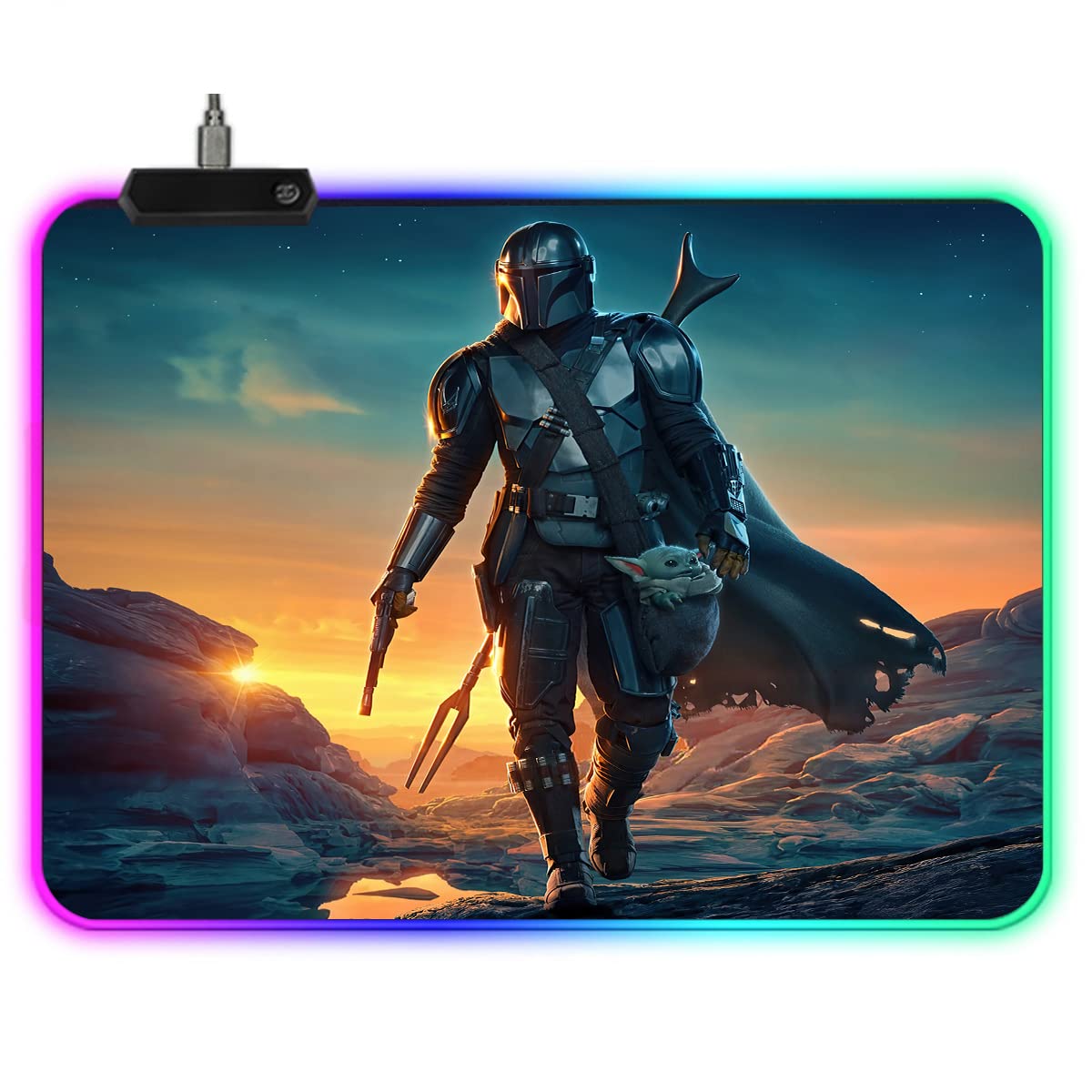 Star Wars Mandalorian Yoda RGB Soft Gaming Mouse Pad Glowing Led Extended Mousepad (Medium Mandalorian)