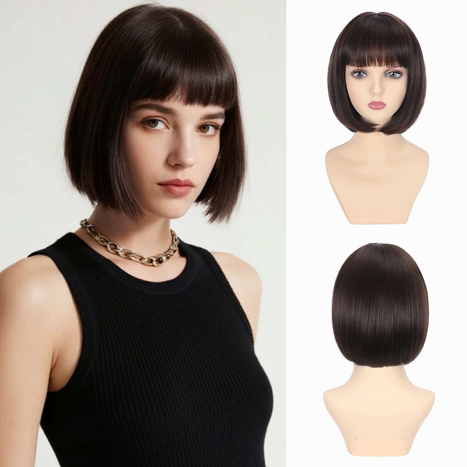 Amazon.com : Dark Brown Bob Wig with Bangs 12 Inch Short  display picture 3