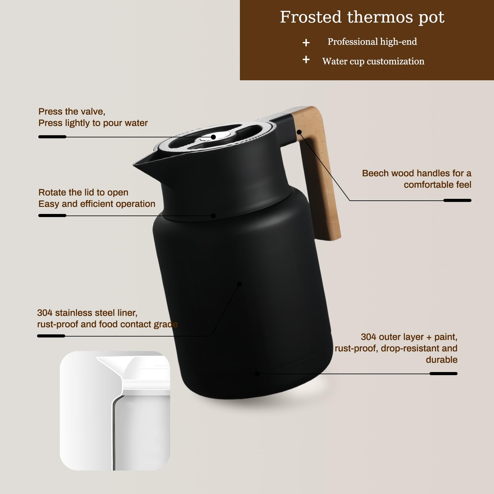 BPA-vrij Glas En PP Geïsoleerde Koffiekan – Houdt Koffie Of Thee 24 Uur Warm Of Koud. Met Houten Handvat, Veiligheidsdrukknop En Antislip Bodem. 1000 Ml. Thermische Koffiekan 1000 Ml Houten Handvat