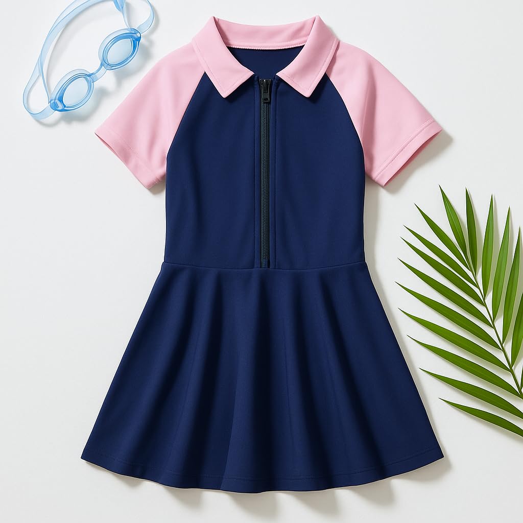 Bubble Berry Girls' Two-Piece Swim Dress with Matching Cap | Swimming Costume with Front Zipper (in, Age, 7 Years, 8 Years, Regular, Navy) - Image 3 thumbnail