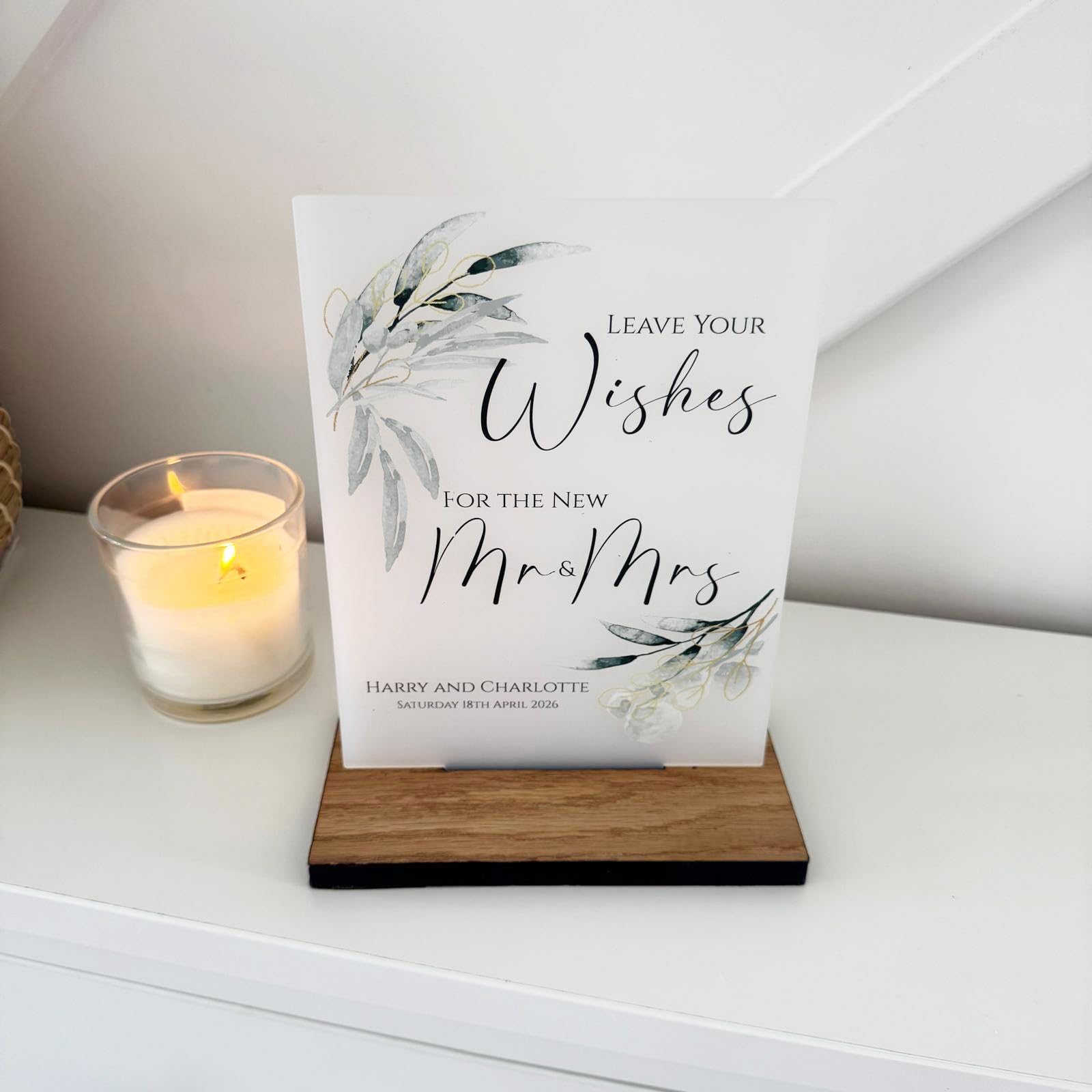Luck and Luck Personalised Botanical Guest Book Wedding Sign, Opaque Acrylic Leave Your Wishes Table Sign, Mr Mrs Sign, Wedding Reception Decoration A5
