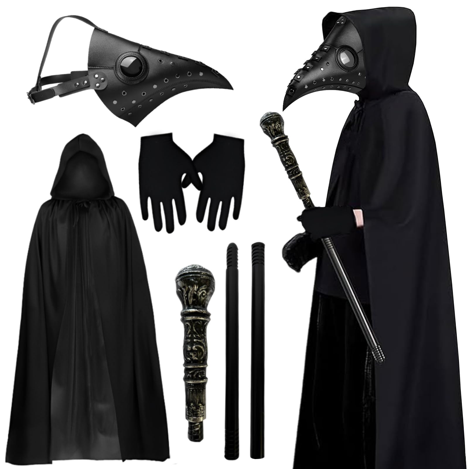 Costume Docteur De Peste - Déguisement Halloween Avec Masque à Bec, Cape Et Sceptre - Noir