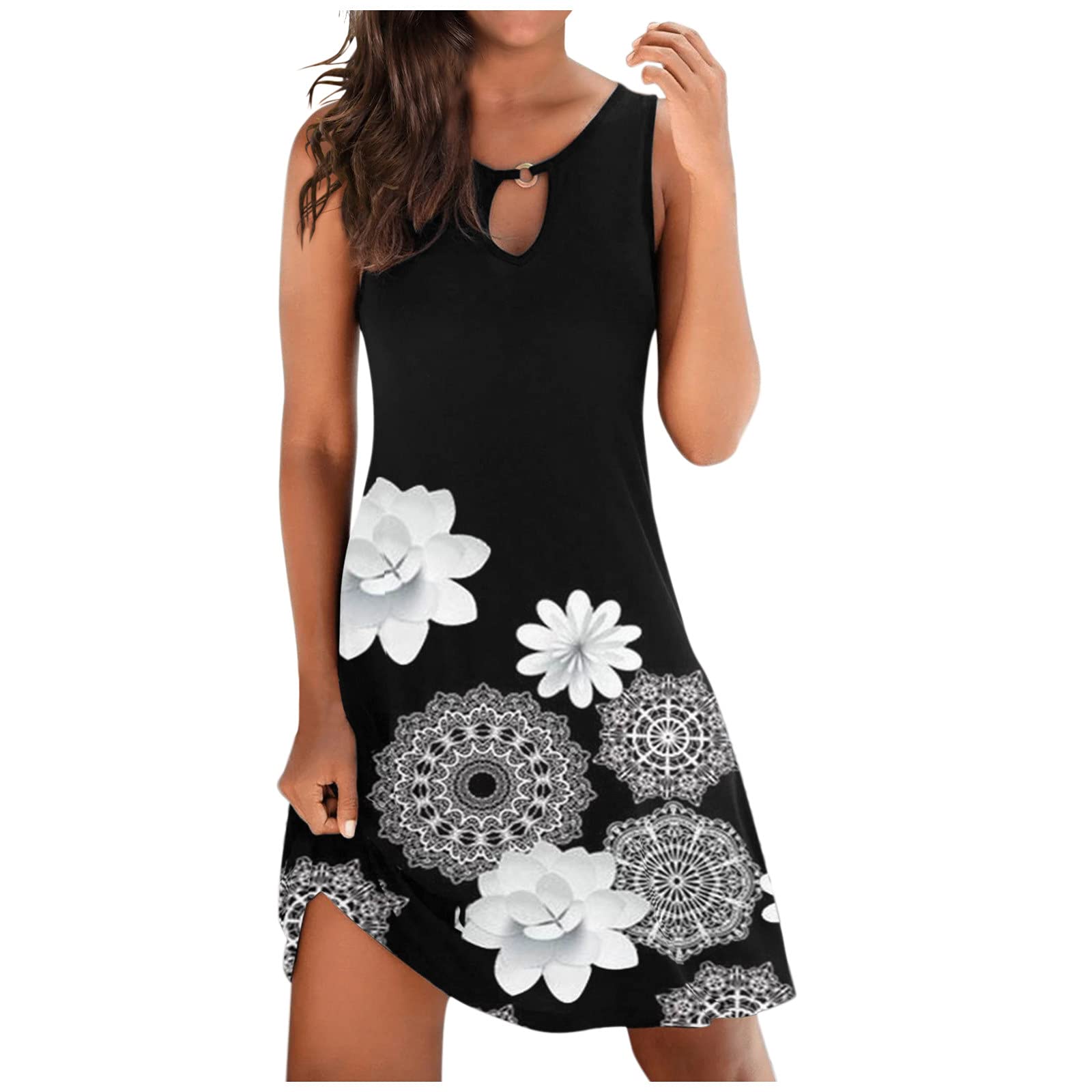 riou Vestido Camisola Mujer Rebajas Sin Mangas Honda Vintage Camisa de Vestir con Estampado de Flores Vestido Casual Vacaciones