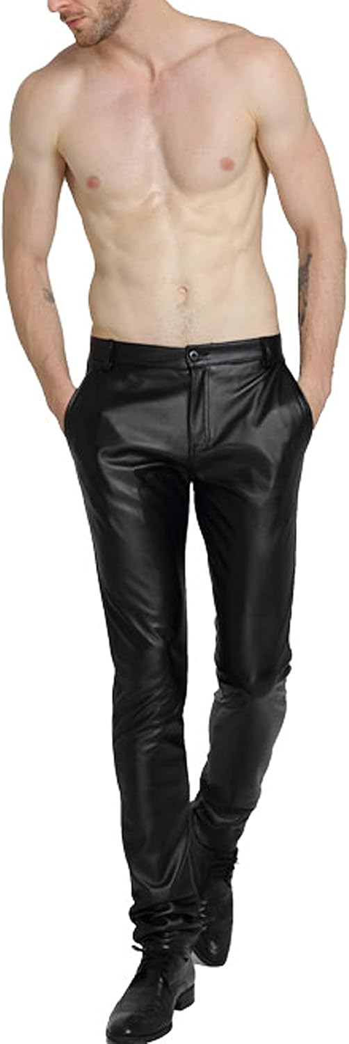 Yeokou Men's Skinny Straight Leg Tapered Pu Faux Leather Motorcycle Biker Pants - Image 2