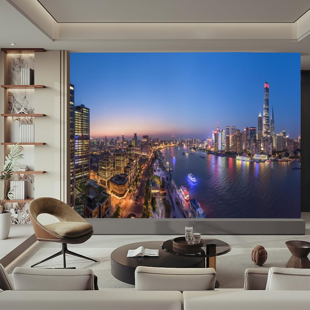 City Night View Wall Mural Decal, Architectural Lake Peel and Stick Self-Adhesive Wallpaper Removable Wall Decor for Living Room Bedroom TV and Sofa Background,59" W x39.4 H