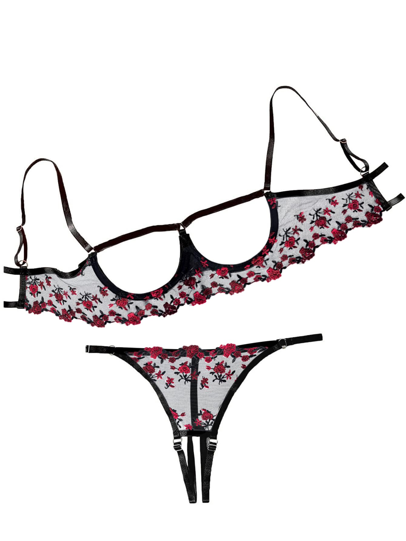 Lilosy Sexy Underwire Floral Lace Sheer Lingerie Set for Women See Through Bra and Panty 2 Piece: X-Small Black Red Embroidery
