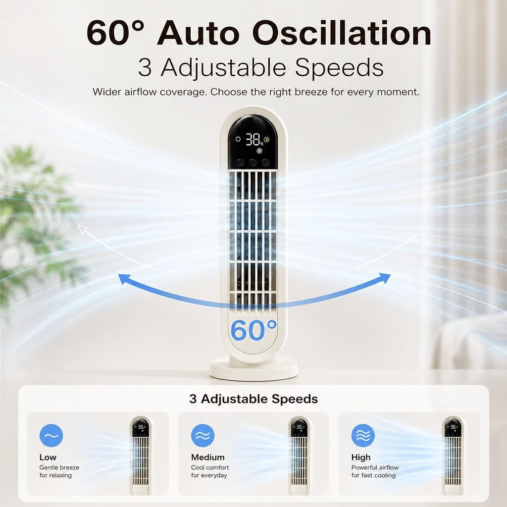 Ventilatore Senza Pale Con Display LED, Oscillazione A 60° E 3 Velocità | Ricaricabile,Ventilatore A Torre Per Scrivania, Camera Da Letto E Ufficio, Soluzione Di Raffreddamento Compatta