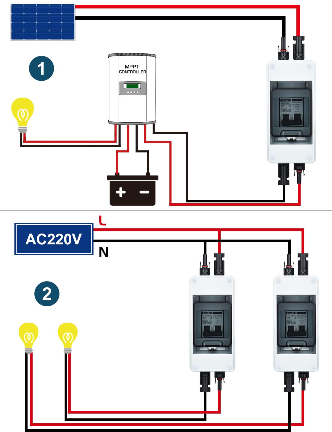 DIHOOL Odłącznik DC PV, wyłącznik nadmiarowy, automatyczny bezpiecznik, 2-biegunowy, 10A, 12V (12V-400V) z kablem, wtyczka solarna, IP65, wodoszczelna obudowa