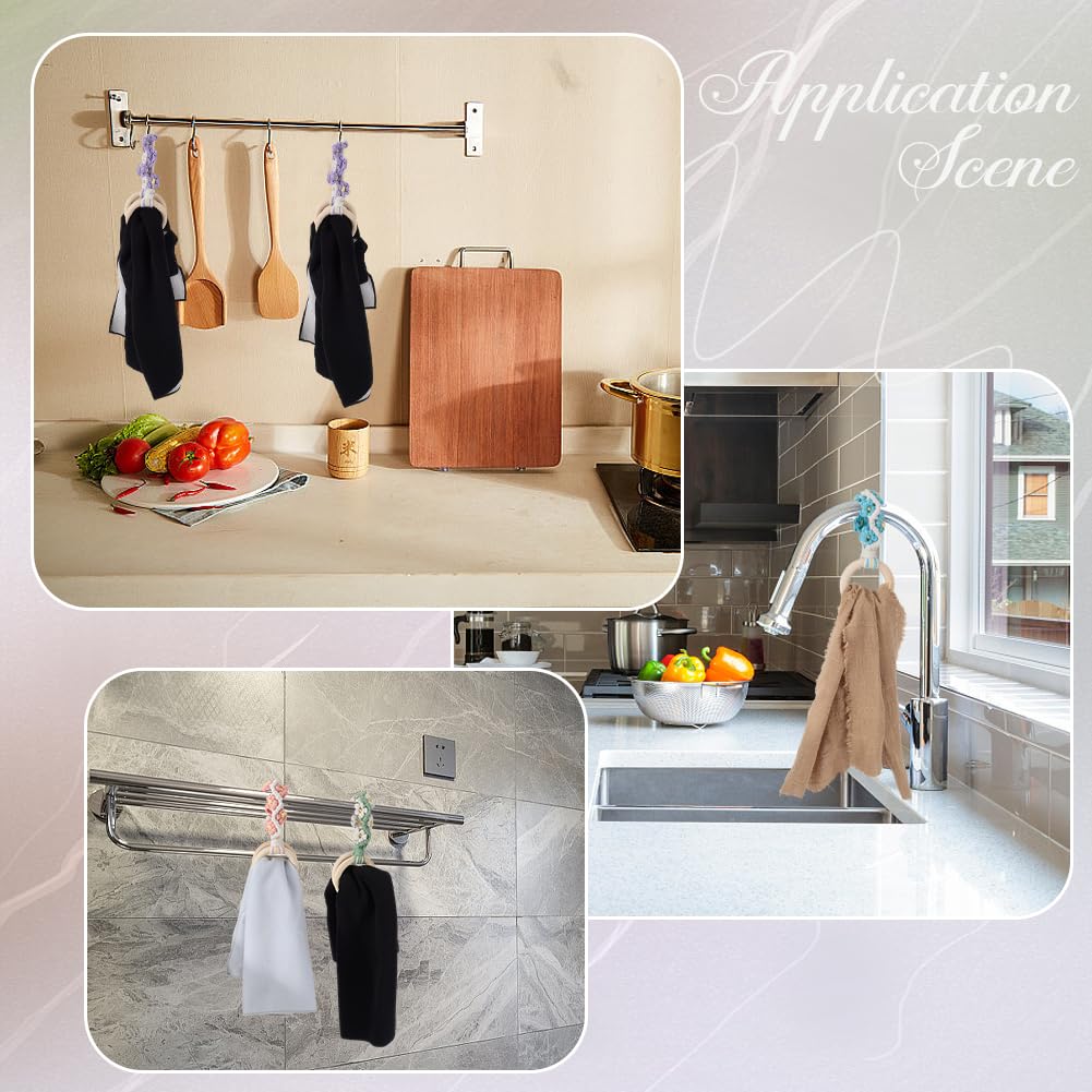CREATCABIN 4Pcs 4 Colors Macrame Towel Holder Ring Kitchen Dish Towel Holder with Hanging Loop Wood Ring Cotton Daisy Flower Macrame Crochet Hanger for Oven Stove Door Bathroom Housewarming Gifts - Image 4