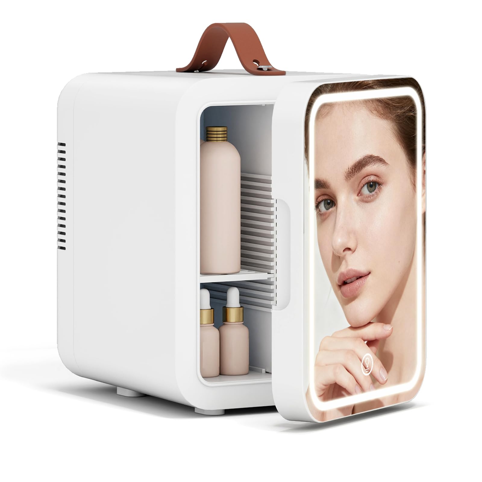 eklipt - 4 Liter Mini Fridge with Dimmable LED Mirror, AC/DC Beauty Fridge with Removable Shelf and Handle, for Makeup and Food, Skincare Fridge for Bedroom, Office, White[Energy Class F]