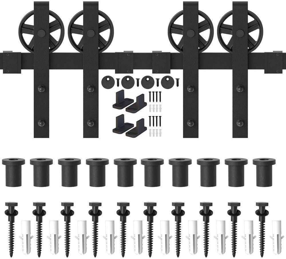 WINSOON 396cm Double porte quincaillerie pour les double portes coulissante | grange en bois antique roue de base à gros rayons noire Roller Kit Système de rail de support d'armoire de garage