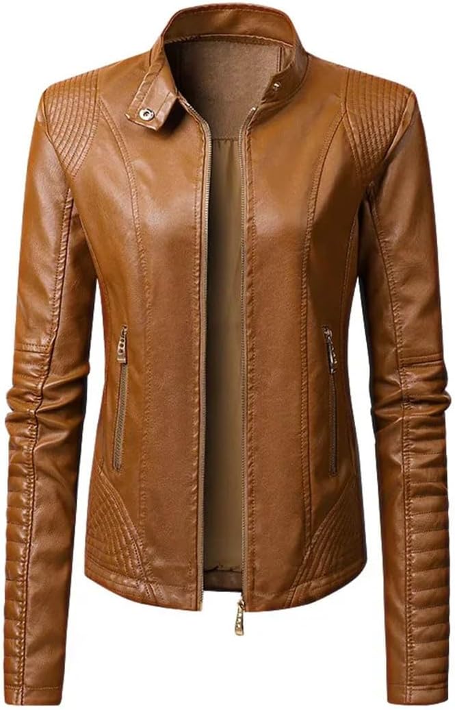 Women Faux Leather Jacket Moto Biker Zipper Jacket Female Coat
