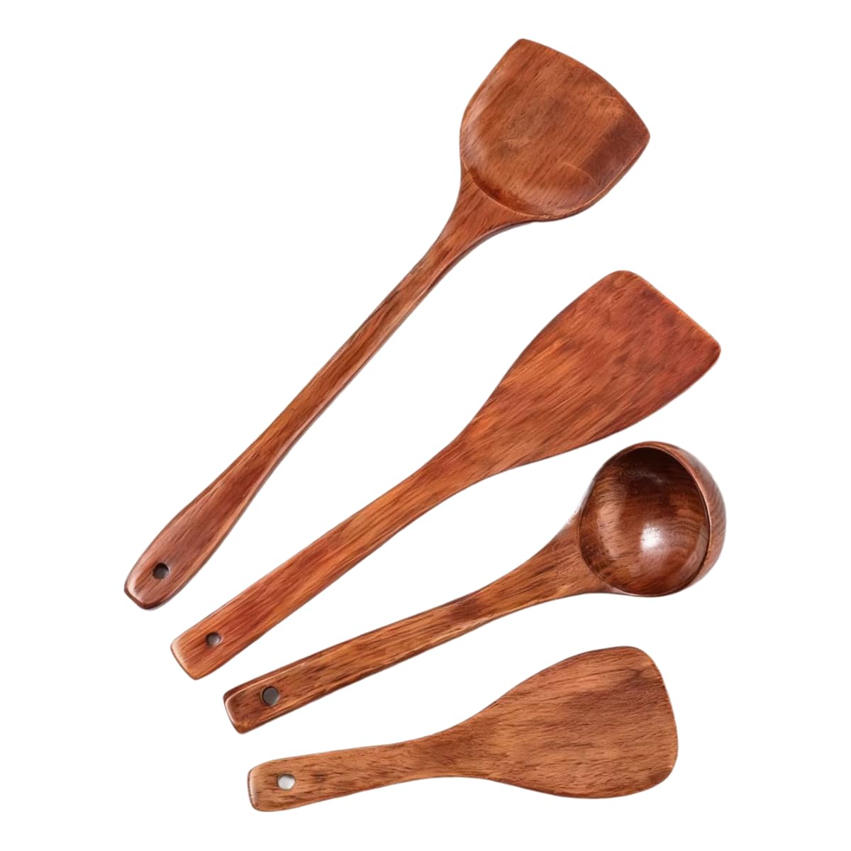 Solid wood large and small spatulas, spoons and kitchenware set of four pieces, wooden cooking tools (4, 4-piece set)