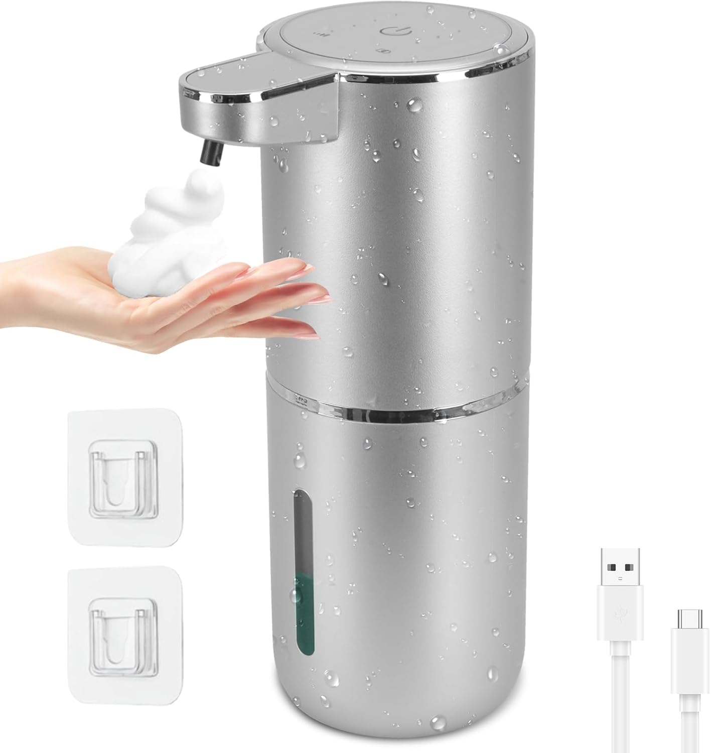 Dozownik mydła 380 ml, automatyczny, ścienny, bez wiercenia, wodoszczelny, elektryczny dozownik mydła z czujnikiem podczerwieni, srebrny