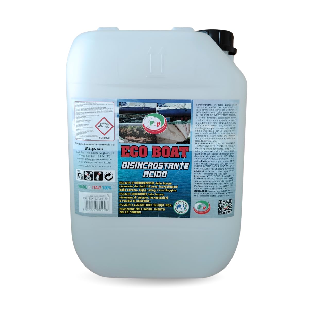 Pip Detergente per Barche Eco Boat, Disincrostante Acido, Sgrassante Nautico, Completa Cura e Manutenzione della Imbarcazione, Professionale, Concentrato, Flacone o Tanica