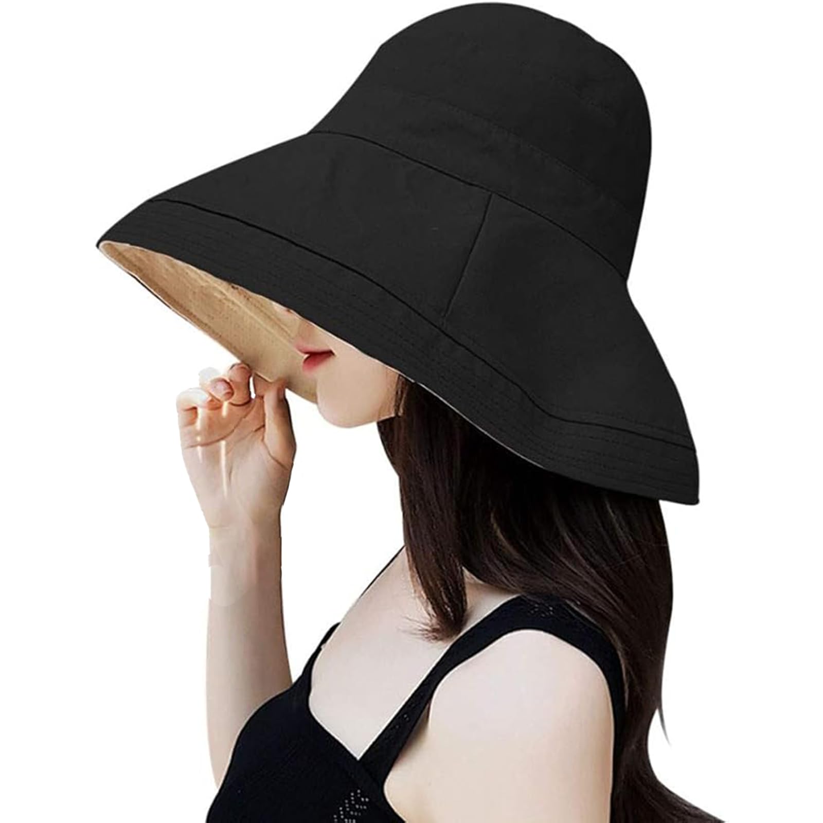 Kxf Women's Black Sun Hat For Uv Protection Wide Brim Reversible Foldable Packable Summer Bucket Hat