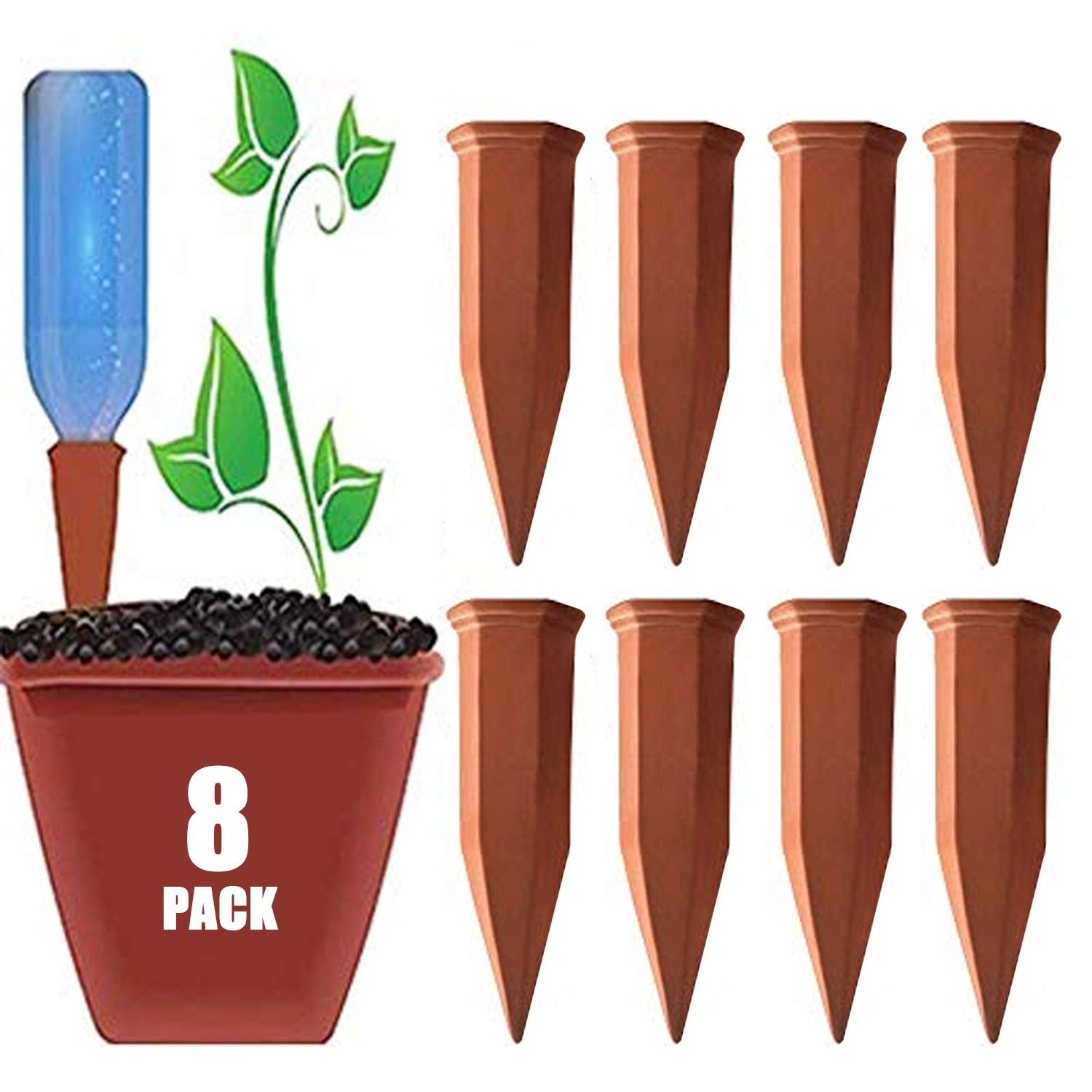 Plant Watering Spikes Self Irrigation System Automatic Watering Devices Nannies for Indoor&Outdoor Garden Vacation Dripping Slow Release Adjustable Switch (8, Terracotta)