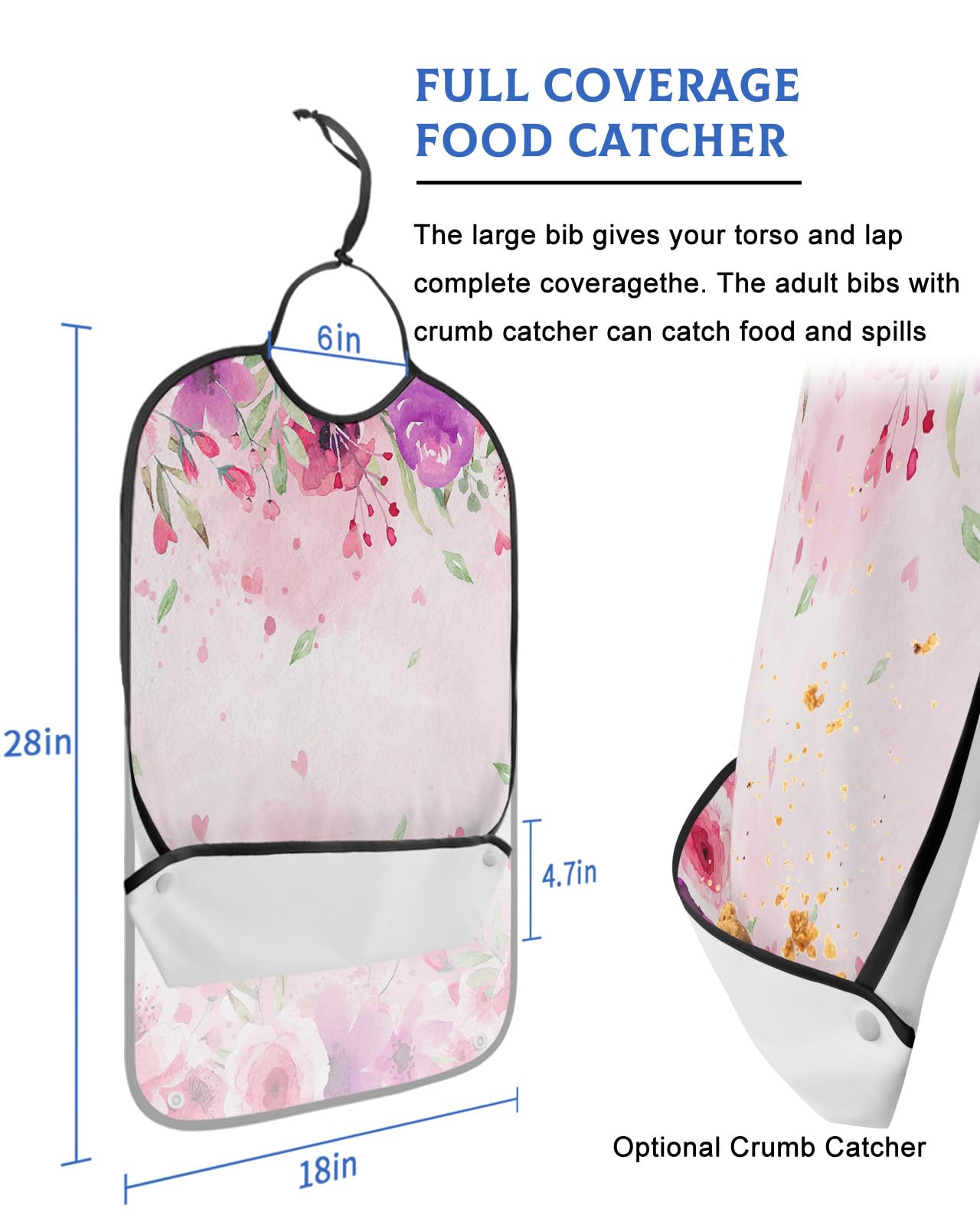 LEOKOTI Pink Valentines Adult Bibs for Eating, Waterproof Bibs with Food Catcher & Adjustable Snap Closure, Watercolor Spring Floral Botanical Washable Clothing Protectors Adult Bibs for Elderly