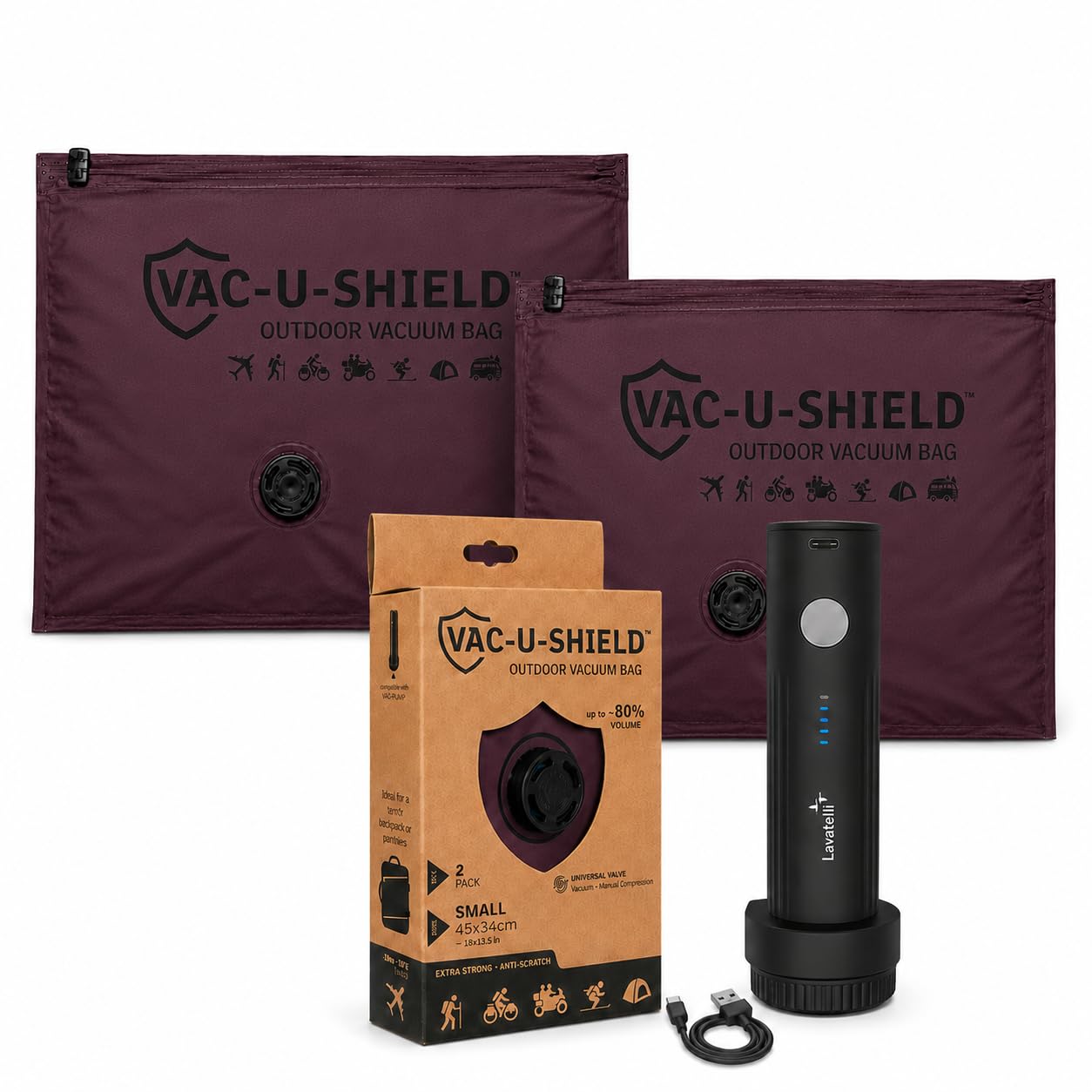 Vac-U-Shield Set 2 Sacchetti Sottovuoto + Pompa da viaggio USBc Rosso 45x34 | 2 sacchetti tessuto anti-graffio + pompa wireless USB-C ricaricabile, sacchi, buste adatte a zaini e bagagli a mano Ryanair