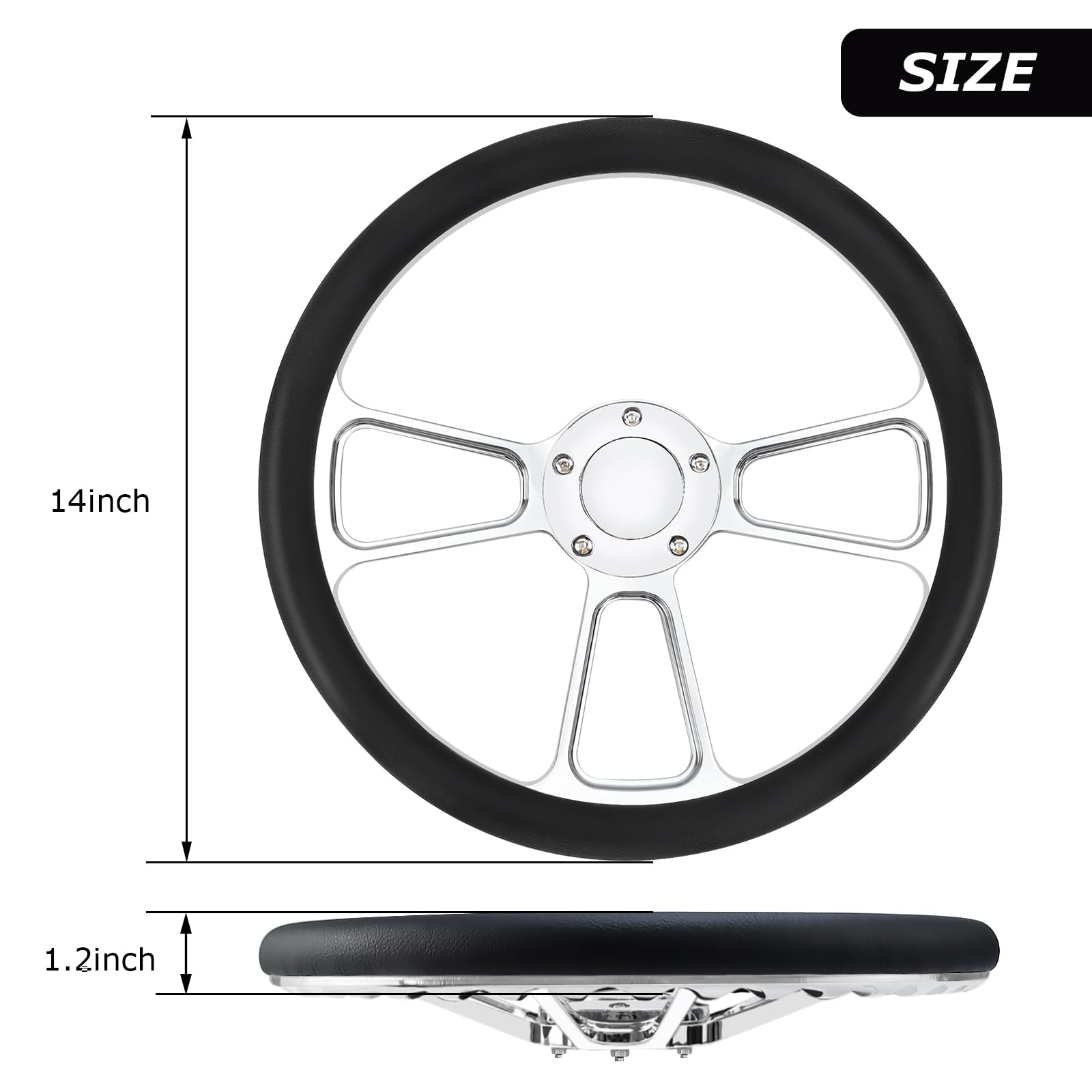 QYMOPAY 5-hole 5-bolt Steering Wheel, 14 Inch Leather Racing Steering Wheel with Horn Button Steering Wheel, Car Interior Accessories, Car Tuning Replacement Parts., blac