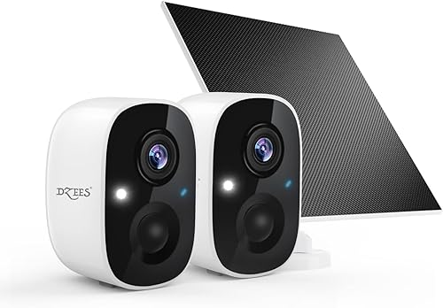 Dzees Cámara para exteriores inalámbrica, panel solar de 5 W, cámara de vigilancia WiFi para sistema de seguridad para el hogar con alarma de sirena