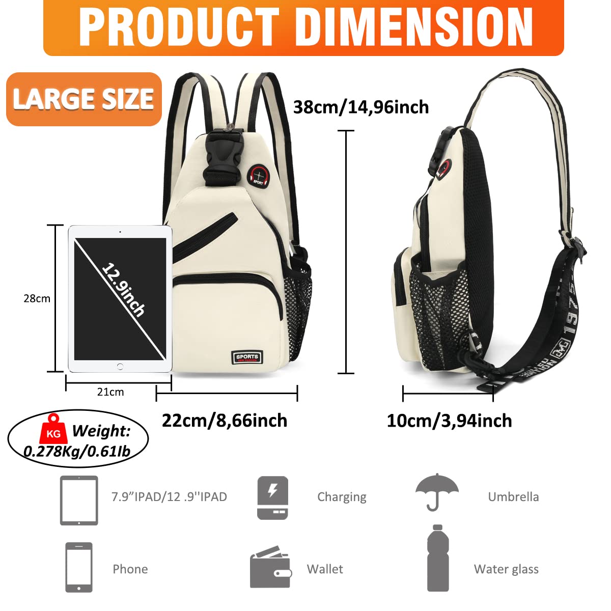 HNOOM Zaino Monospalla Donna Piccolo Sling Bag con Foro per Auricolare Marsupio Donna Tracolla in Tessuto Oxford per Scuola Outdoor Ciclismo Viaggio Hiking Multitasche Piccolo Zaino (Bianco)
