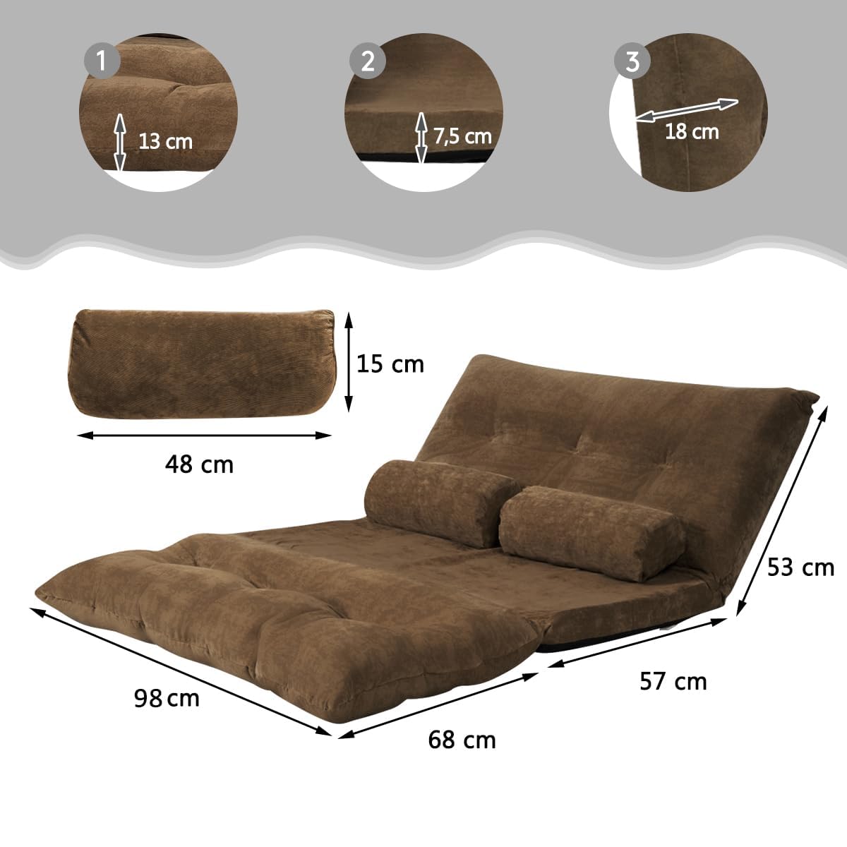 COSTWAY Divano da Terra, Divano Letto Multifunzionale Regolabile in 6 Posizioni con 2 Cuscini, con Fodera in Camoscio per Camera da Letto Salone Balcone (Caffè)
