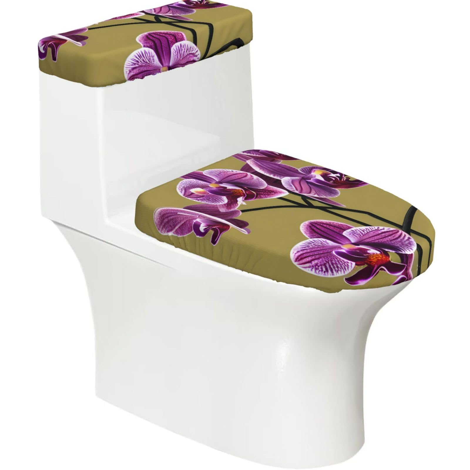 Cntdbu Black Beautiful Orchids Stretchy Toilet Lid And Tank Cover Set-Soft Elastic Bathroom Decor For U Shape Oval