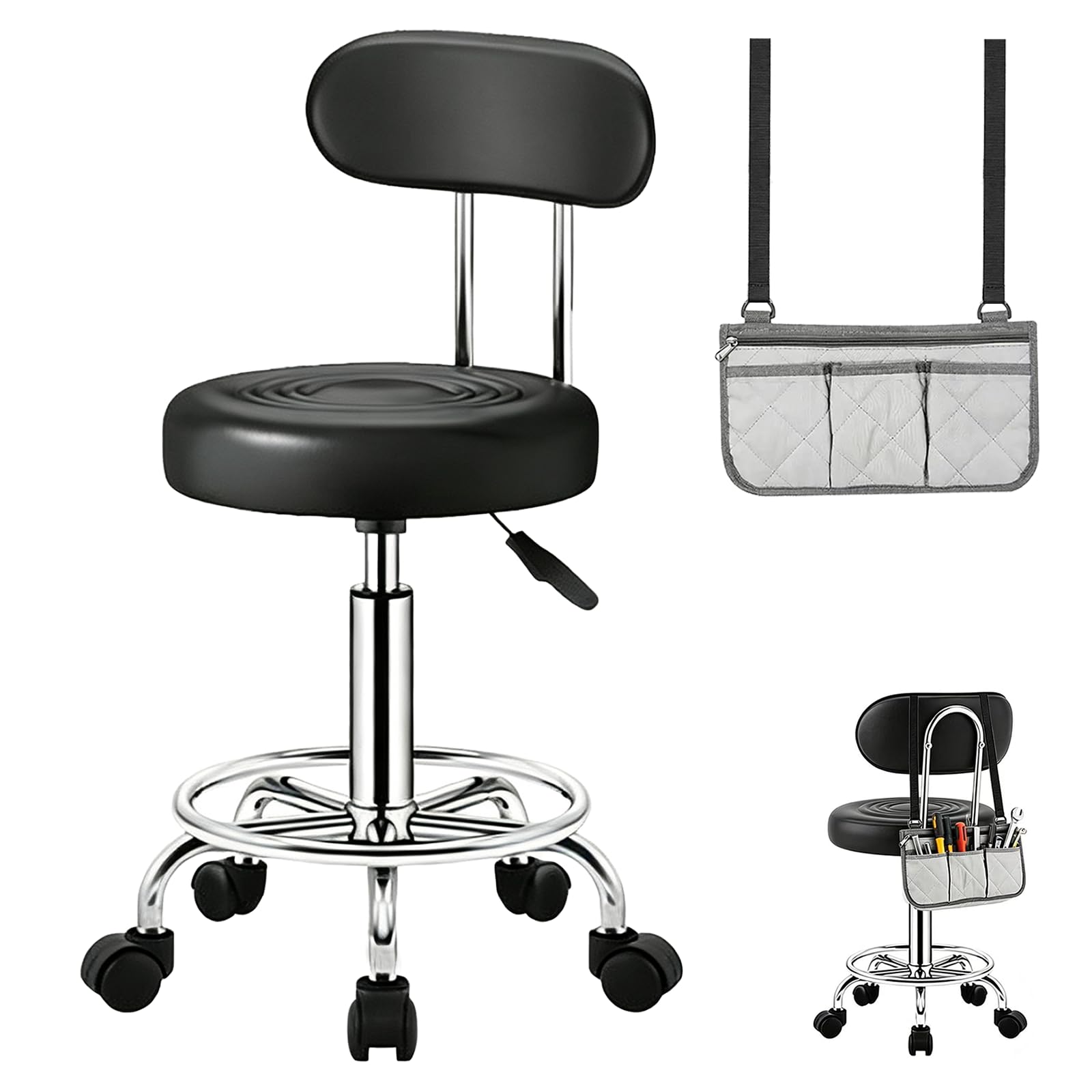 Photo 1 of **SEAT DAMAGED**Garage Mechanic Stool with Wheels, Height Adjustable Shop Rolling Chair with Backrest and Tool Storage Bag, Swivel Rolling Stool for Garage, Workshop, Barber Shop, Office, Homes, Tattoos, Nail Salon