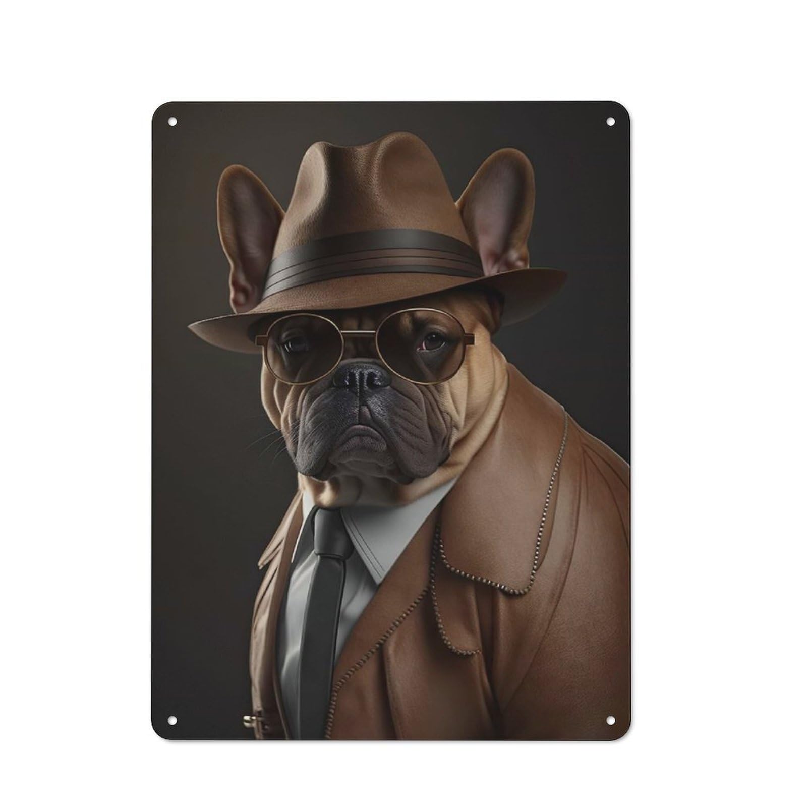 French Bulldog Mafia Boss Old Style Metal Wall Decor 40x30cm, Decorative Tin Plaque for Cafe, Pub, Workshop Or Home Bar
