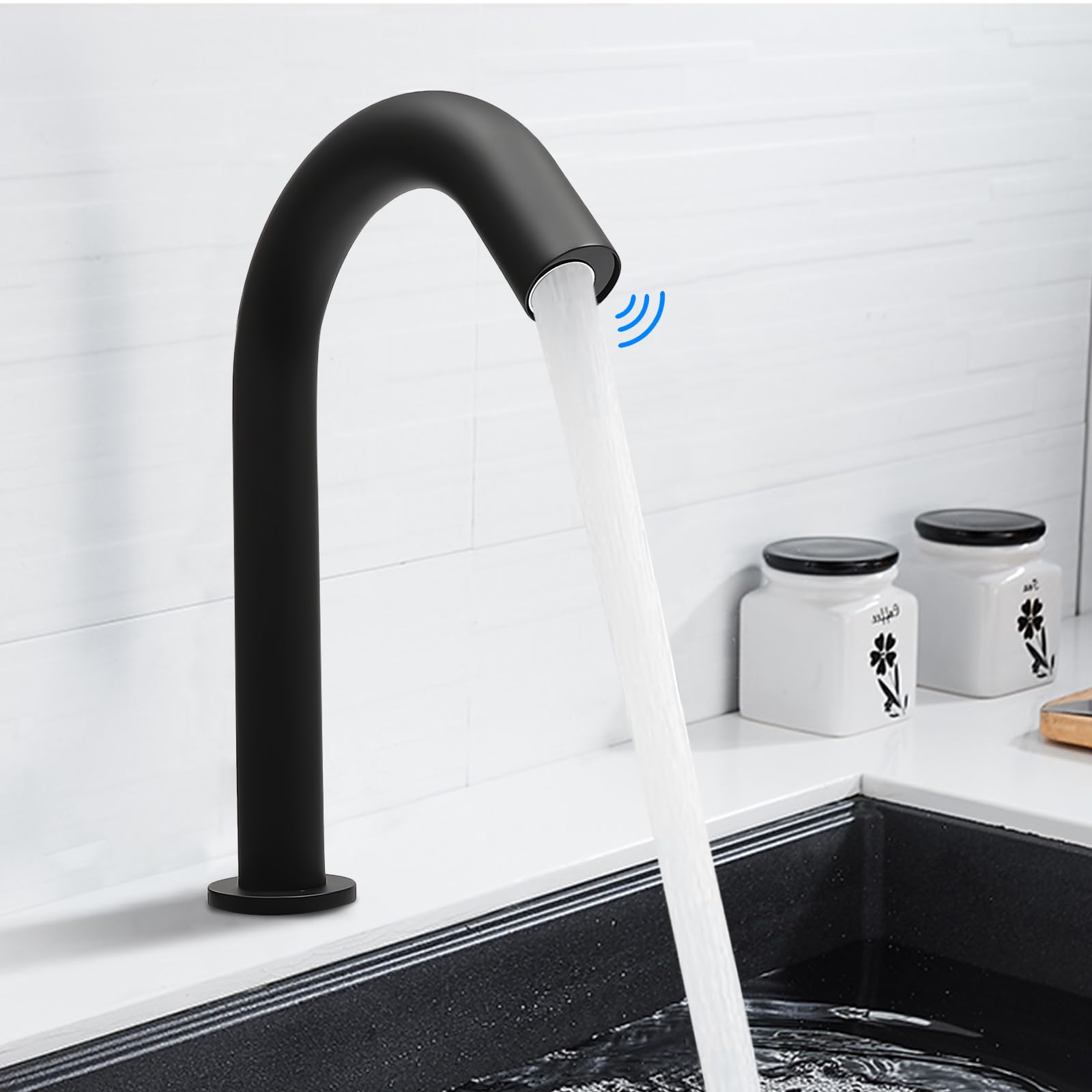 Grifo de baño con sensor de infrarrojos, grifo mezclador con sensor automático con caja de control y 2 mangueras, rango de temperatura 0-80 °C, para baños y cocinas, color negro