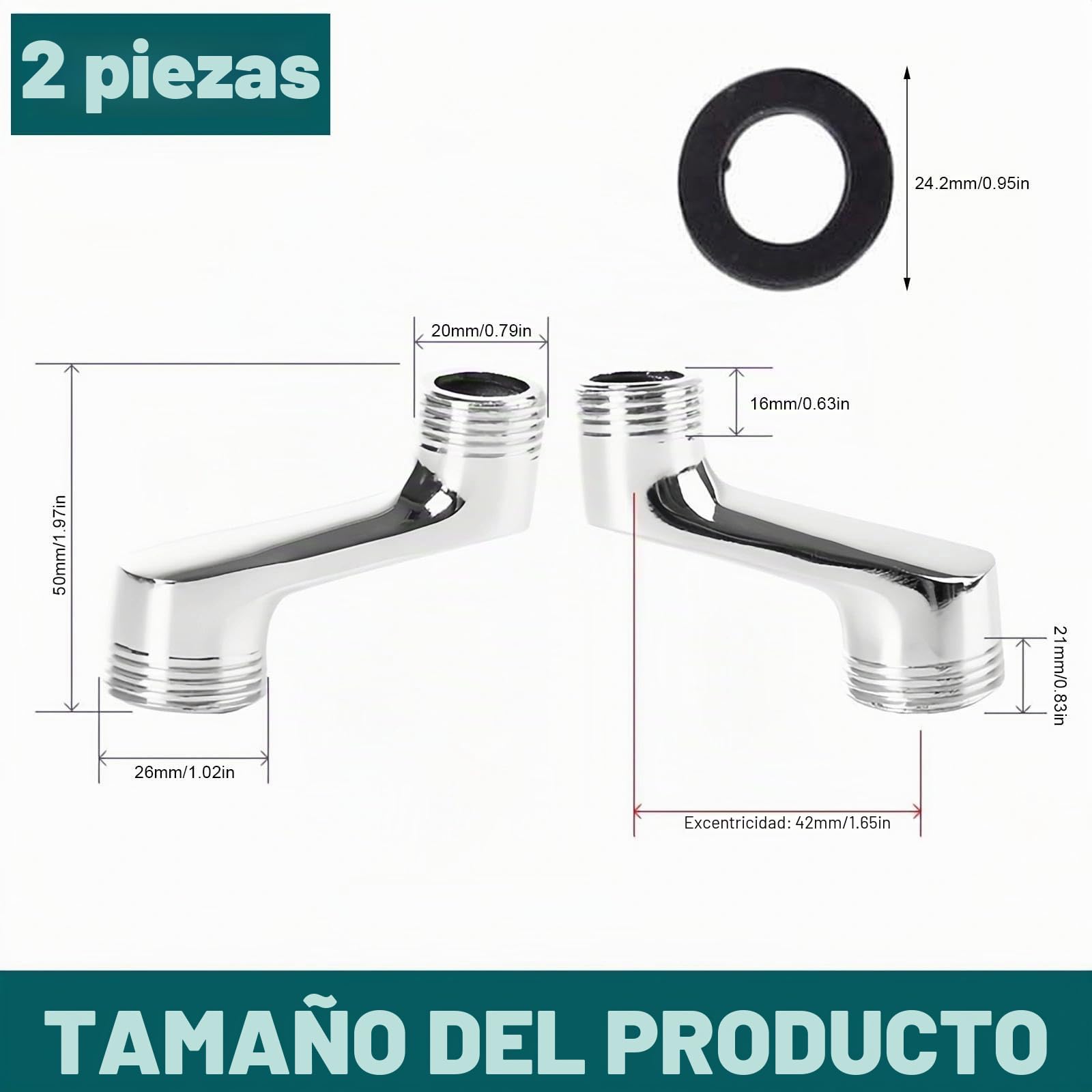 2 Piezas Excentricas Grifo, Latón G1/2 a G3/4 Conexión de Grifo en S, 42 mm de Desplazamiento, Plateado Adaptador para Ducha Ajustable, para Instalación y Ajuste de Grifos de Ducha
