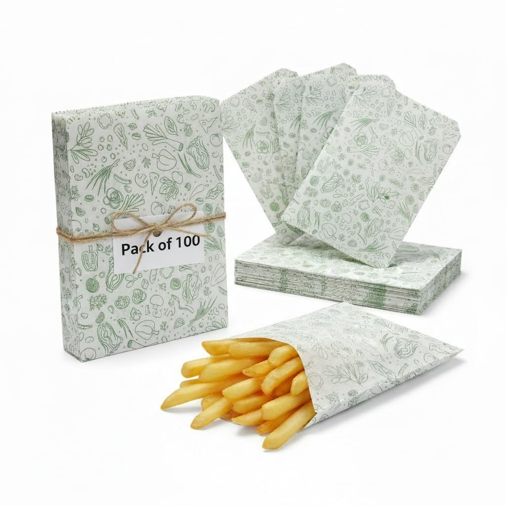 Multipurpose Food Wrapping Paper Envelopes | Printed Snack Bags Pack of 100 (4 x 5.5 inch) | Oil Proof Paper Bags for Samosa, Burger, Sandwich & Street Food Packaging-image-11
