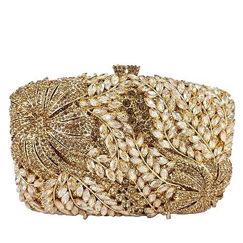 Boutique De FGG Flower Evening Bags for Formal Party Floral Crystal Clutch Purse Bridal Wedding Handbags Gold