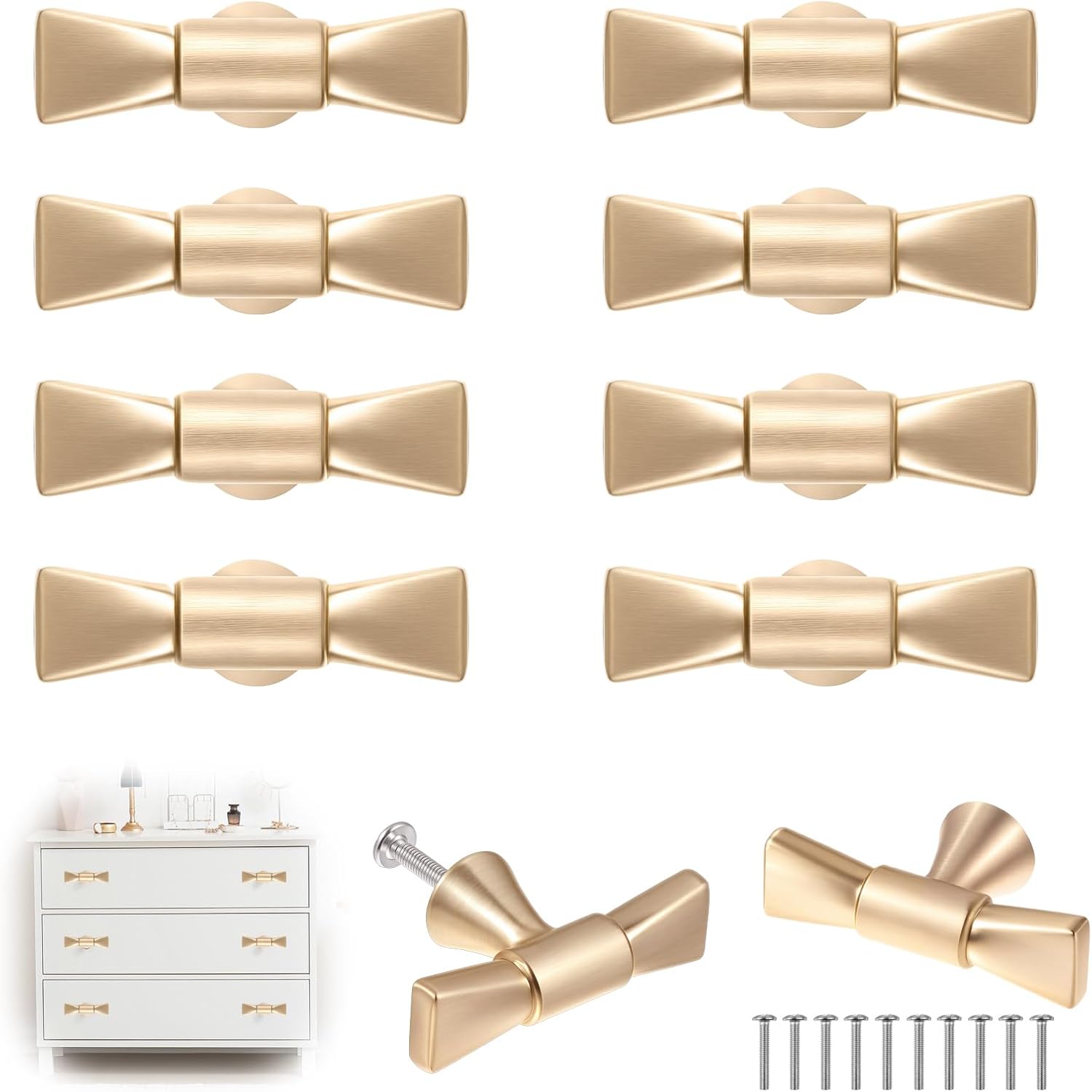 10 Pcs Gold Bow Drawer Knobs Bow Knobs for Dresser Decorative Antique Metal Drawer Pulls Vintage Cabinet Handles for Home Bedroom Kitchen Cabinets Hardware Cupboard Wardrobe Closet
