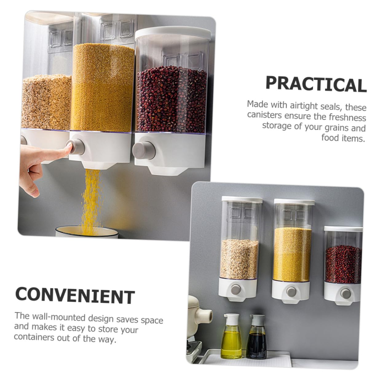 Gatuida Tarro de Almacenamiento de Granos 2piezas Abs 1, 5l y 1l | Montaje en Pared, Cierre Hermético y Acceso Fácil, Organización de Despensa, Formato para Harina, Cereales y Arroz