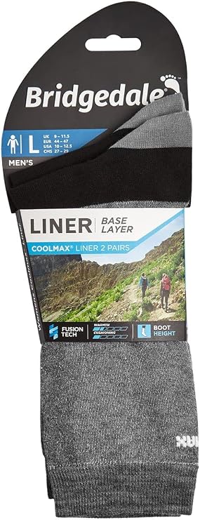 Bridgedale mens Coolmax Base Layer Liner Socks - 2 Pack