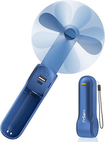 FrSara Ventilador de mano portátil recargable, ventilador de bolsillo pequeño recargable por USB, batería de 2000 mAh con banco de energía, batería