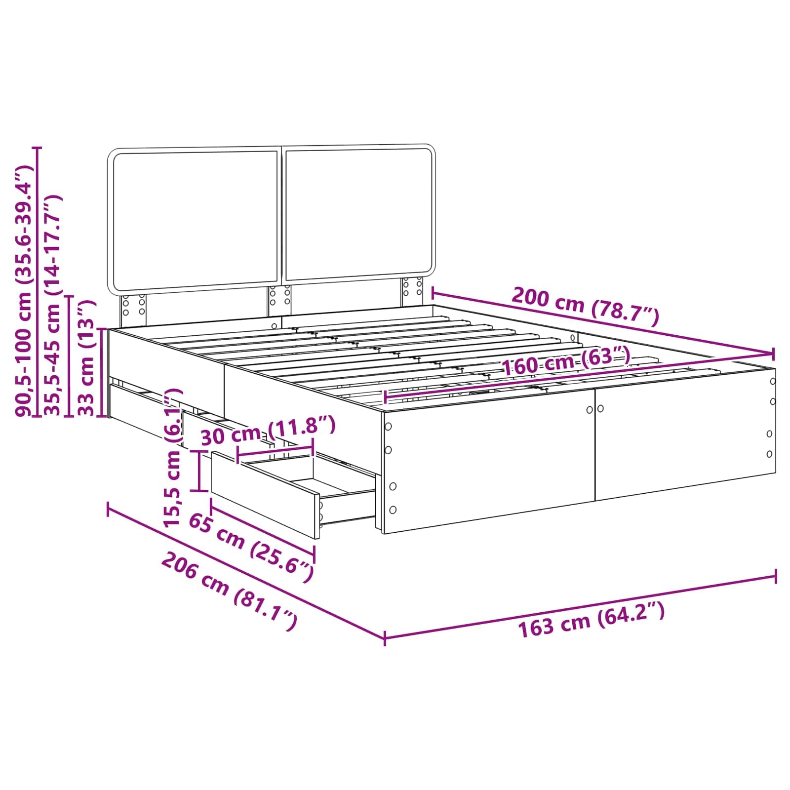 vidaXL Ramka łóżka Dąb wędzony 160 x 200 cm Drewno inżynieryjne