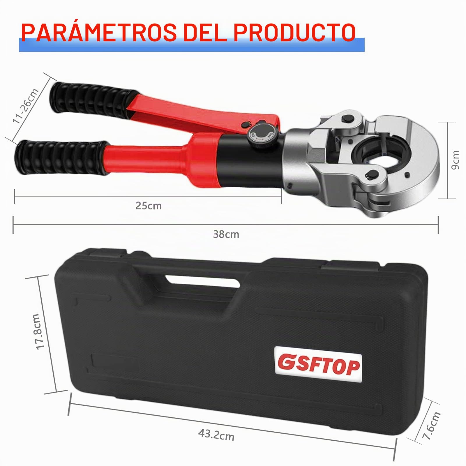 Herramienta hidráulica de prensado de tubos de cobre, accesorios de tubería de cobre, herramienta de crimpado y fontanería con troqueles de crimpado mordaza de 1/2", 3/4", 1" (rojo)