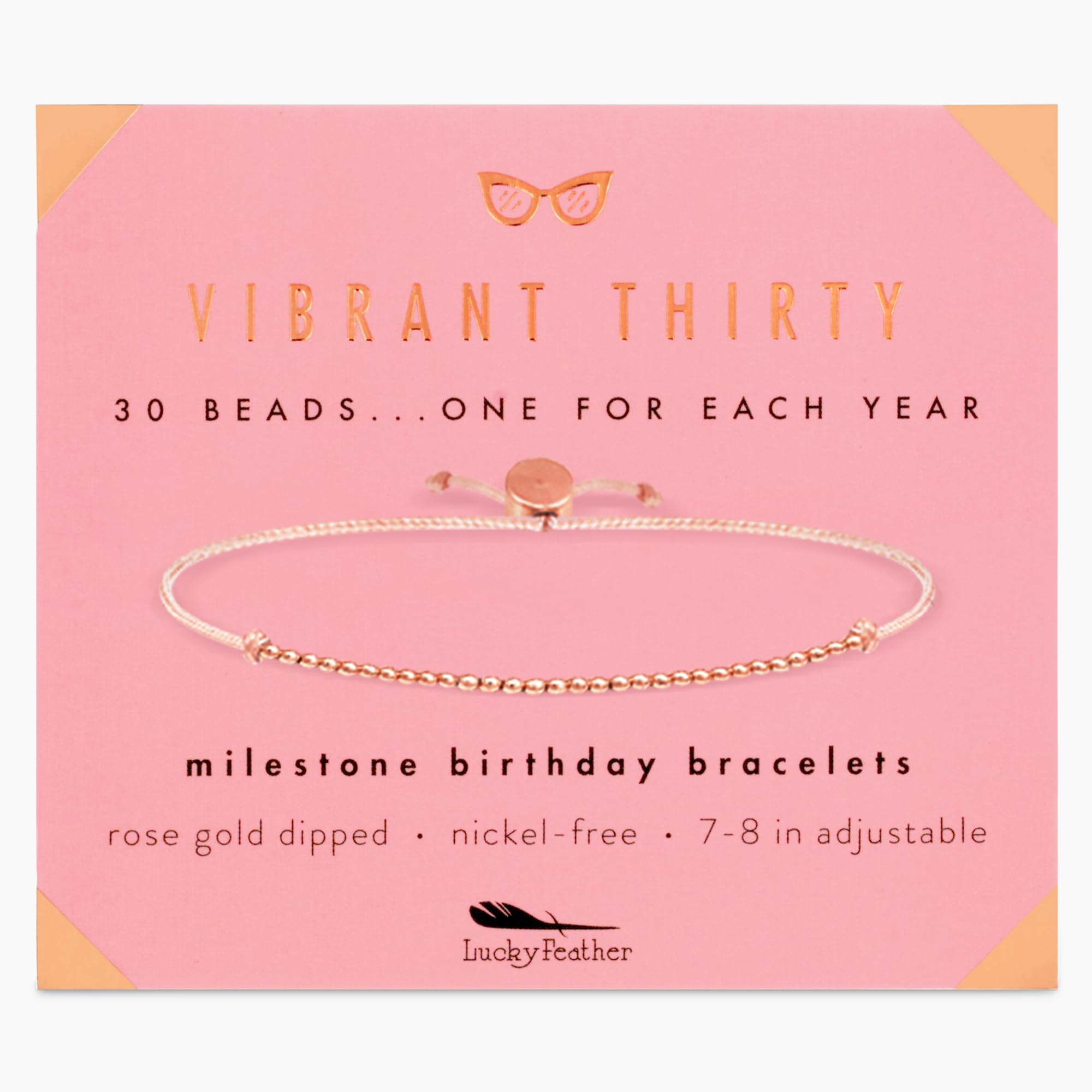 Lucky Feather 30th Birthday Gifts for Women | 30th Birthday Bracelet 14K Gold, Silver, Rose Gold Dipped Beads on Adjustable Cord | gifts for women