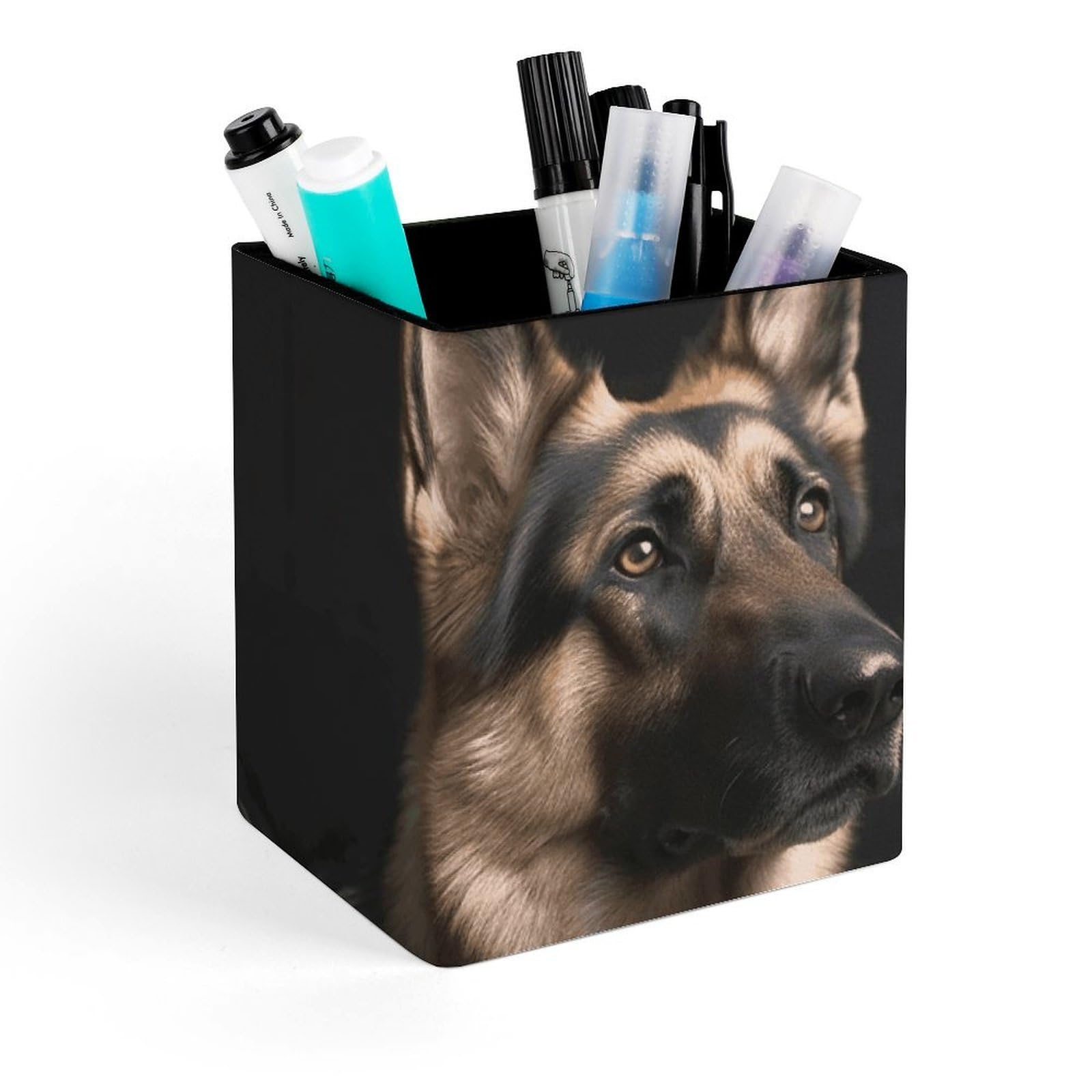 FekiLoot German Shepherd Pencil Holder Square Leather Pen Holder Cup Modern Multi-Functional Pencil Cup Holder Decorative Desk Organizer Caddy Makeup Brush Holders for Desk Office