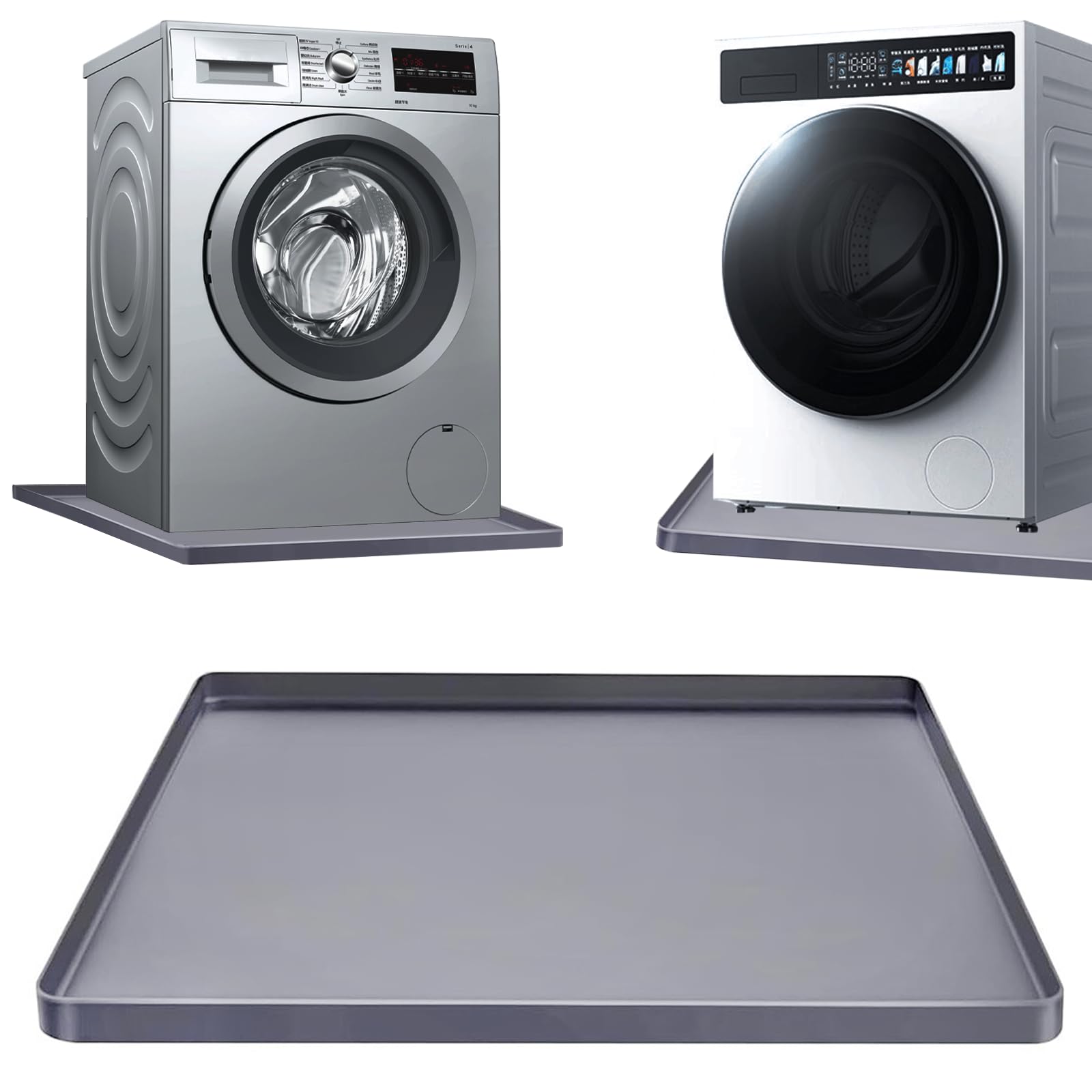 Washer Drain Pan 27×27inch Silicone Mat, Multi-function Non Slip Washer Drip Tray, With Raised Edge Washing Machine Silicone Mat, Soft Foldable Portable Waterproof Pad（Grey）