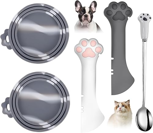 Miniatura 11 de Comtim Juego de 5 tapas y cucharas para latas de comida para mascotas, fundas de silicona para perros y gatos con abridor de espátula multifunción