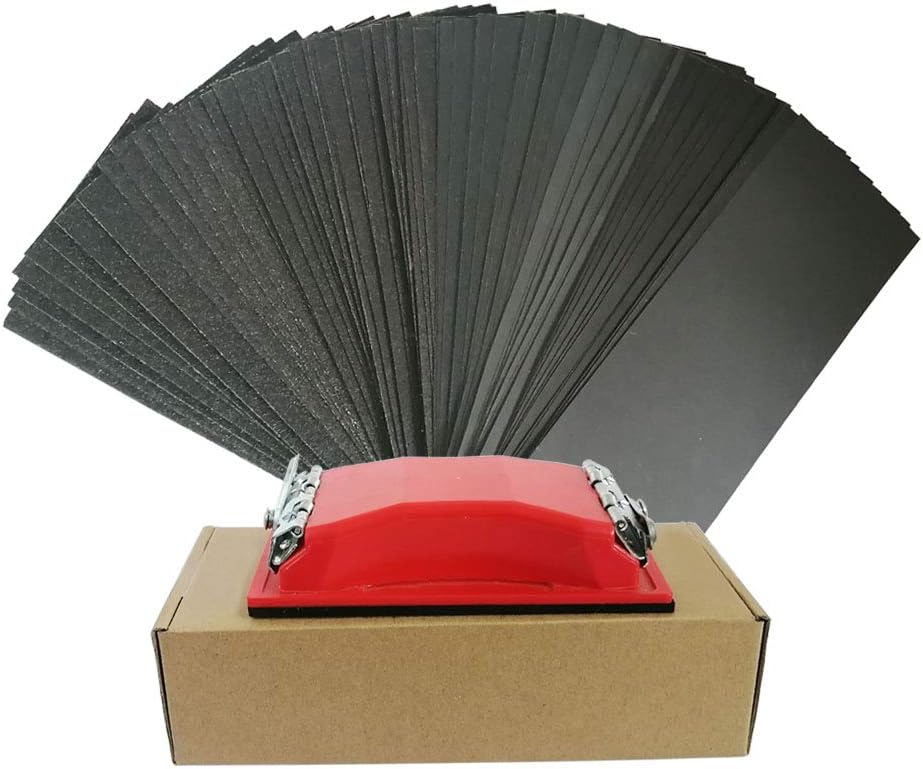 Taigeguang Sander Sheets 80 to 800 Grit Sandpapers with Sanding Block Sander, 9х3.6 Inch Wet Dry Waterproof Sandpaper for Wood Furniture Finishing Automotive Metal Polishing,50 Sheets