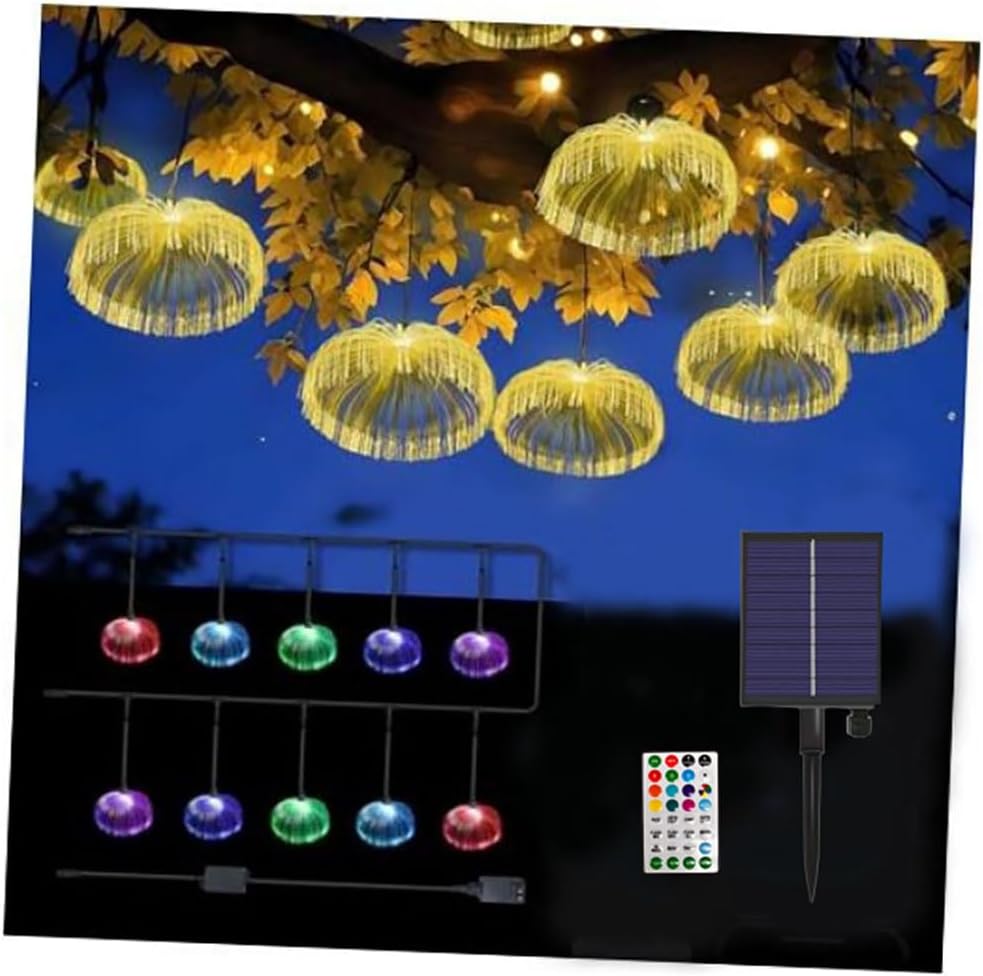 10pcs Fiber Optic Jellyfish Solar 16.5ft Remote Control Colour IP67 Waterproof Outdoor Fairy Hanging String Light Garden Trees Christmas Party Wedding Ceiling Decor