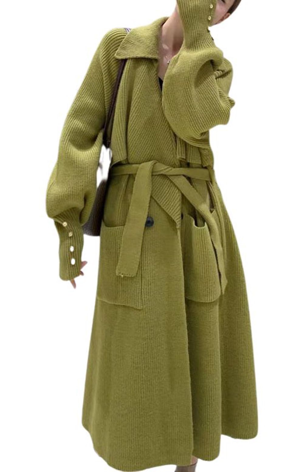 CHARTOU Womens Elegant Lapel Collar Rib-Knit Open Front Cardigan Long Sweater Jacket Overcoat