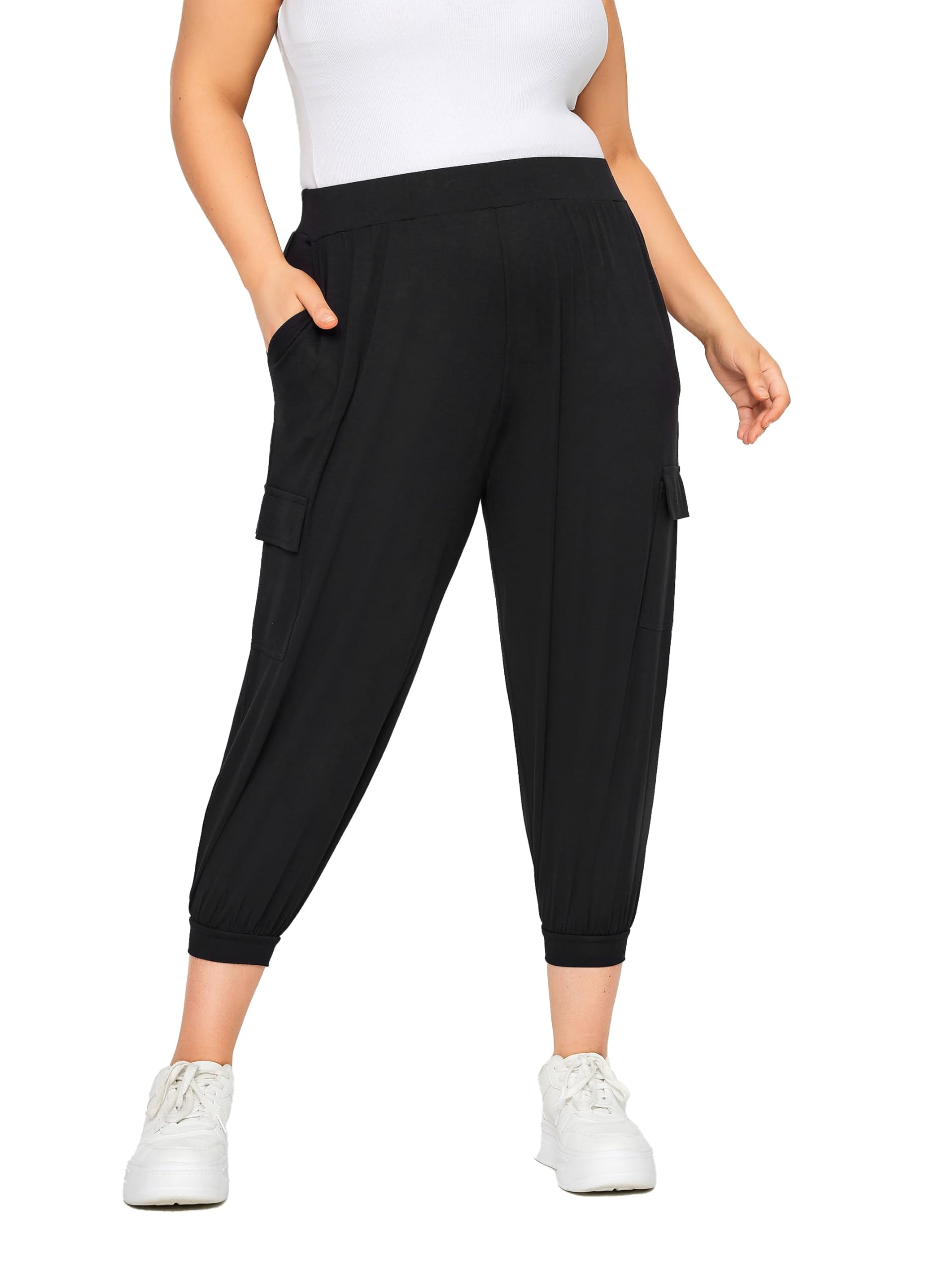 Yours Women's Black Curve Cropped Cargo Harem Trousers - Plus Size Curve